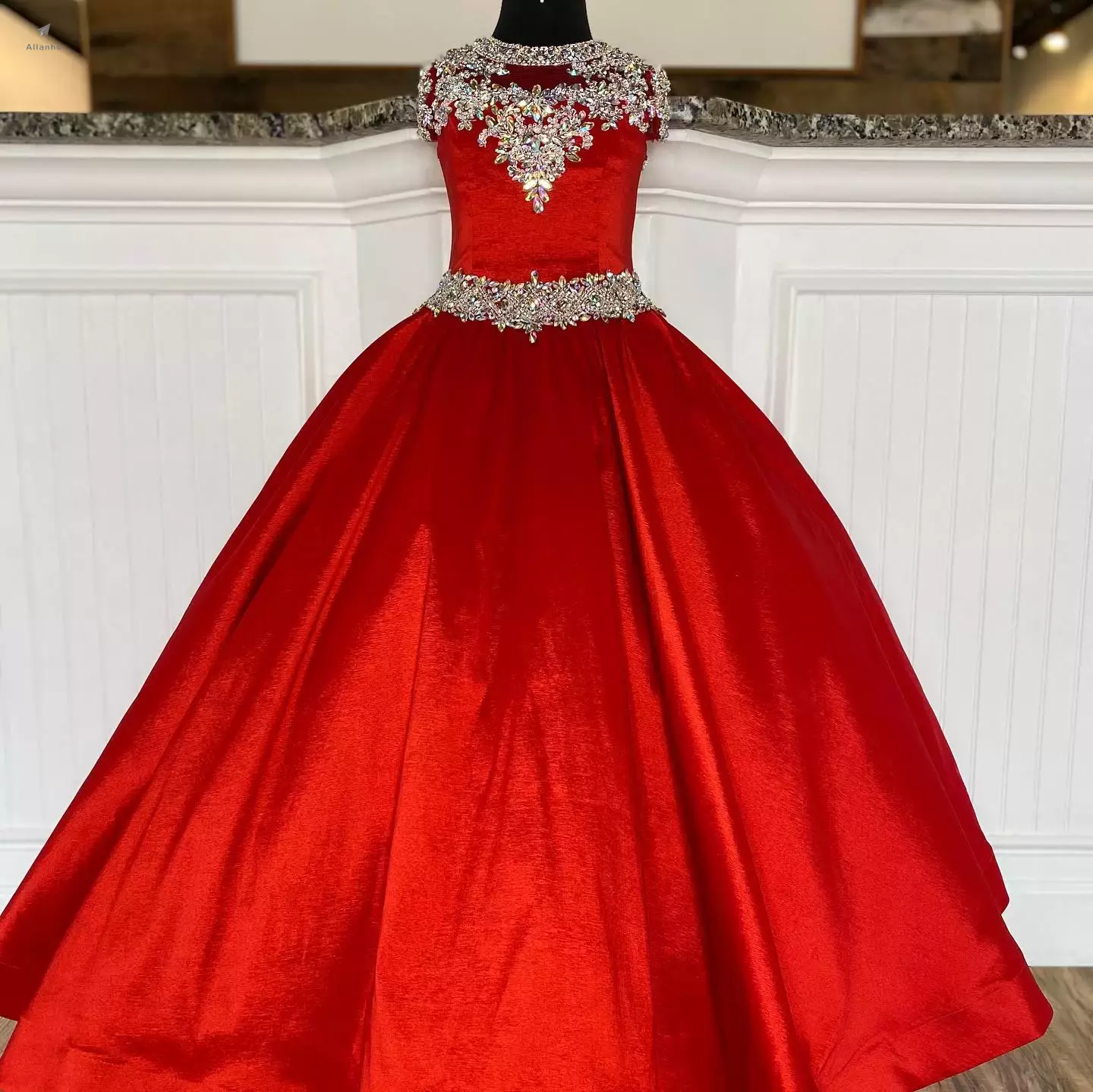 Fashion Little Miss Pageant Dress for Teens Juniors Toddlers 2022 AB Stones Crystal Taffeta Long Kids Gown Formal Party Beading High Neckline rosie Custom-Made