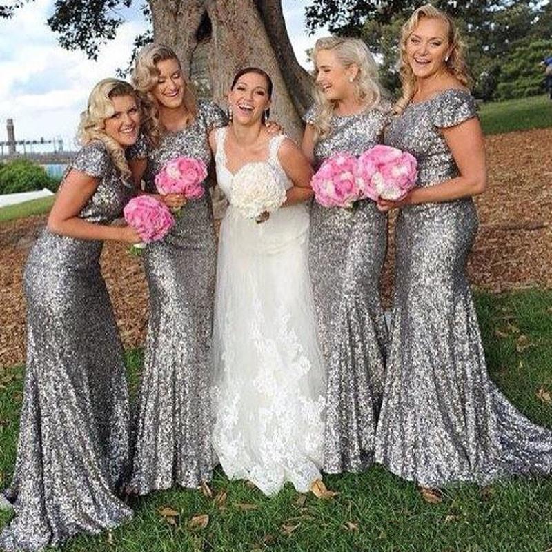 Glitter Silver Sequined Bridesmaid Dresses Country Cheap Floor Length Cap Sleeves Shining Mermaid Maid Of Honor Dress