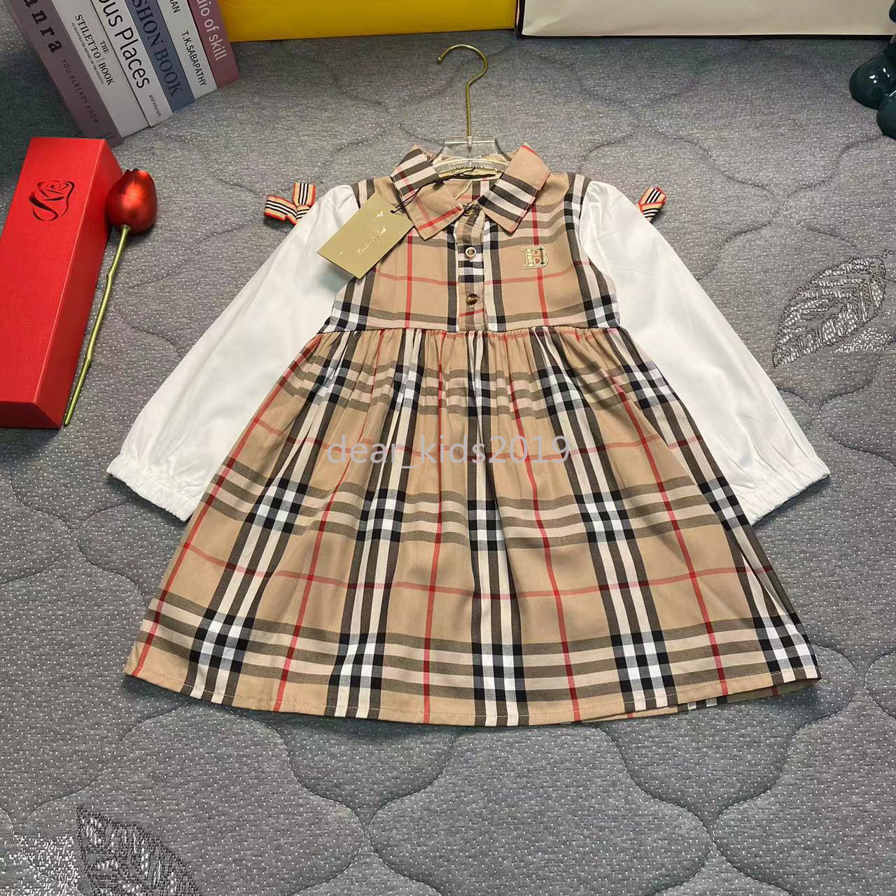 Children's Plaid Spliced Long Sleeve Princess Dress Spring Fall Girls Chequered Bow Stitching Clothes One Piece Kid Dresses