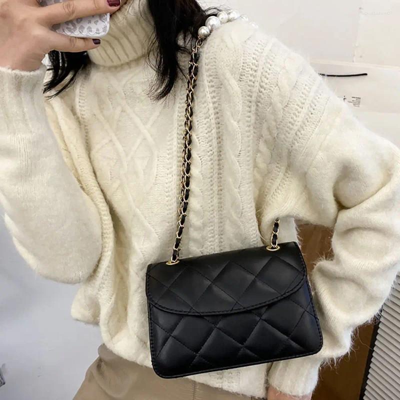 Evening Bags Black White Pearl Chain Bag Fashion Pu Leather Winter Autumn Underarm Handbag Large Capacity Rhombic Lattice Women Girls