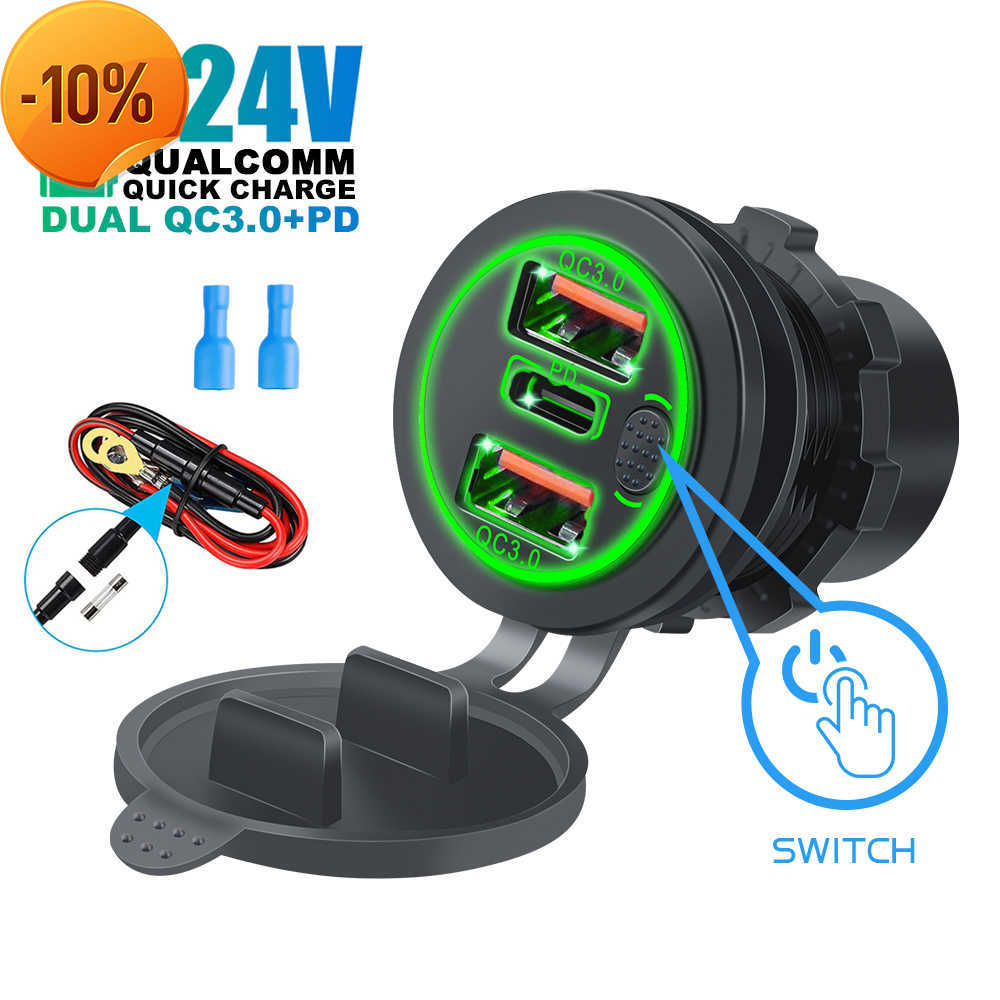 New 12V/24V Triple USB-C Car Charger Socket USB Outlets 45W PD 3USB 22.5W QC3.0 Car Socket Adapter with Touch Switch